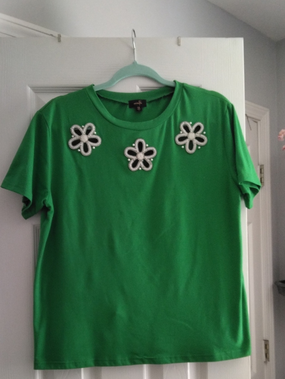 Green Tee with Beaded Flower Appliqués